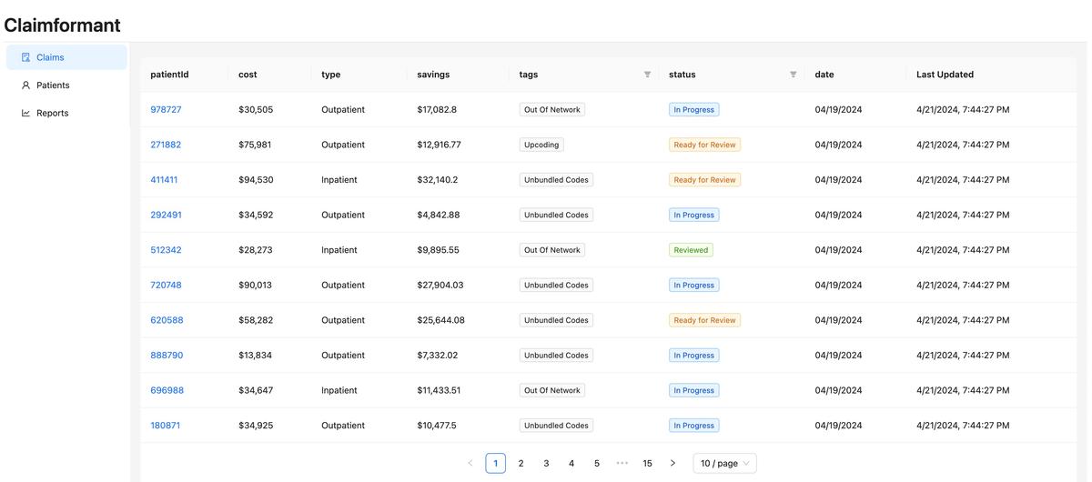 Claimformant Dashboard showcasing AI-powered claims adjudication